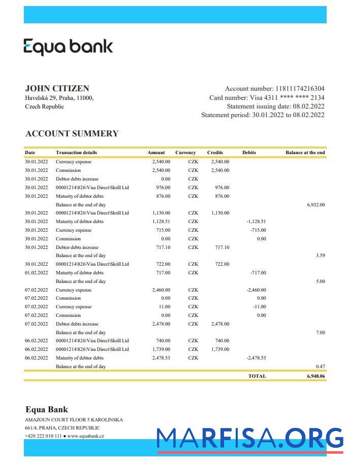 Downloadable Czechia Equabank statement word example